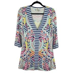 Bar III Boho Artsy Geometric V Neck 3/4 Sleeve Tunic Top Medium Multicolour